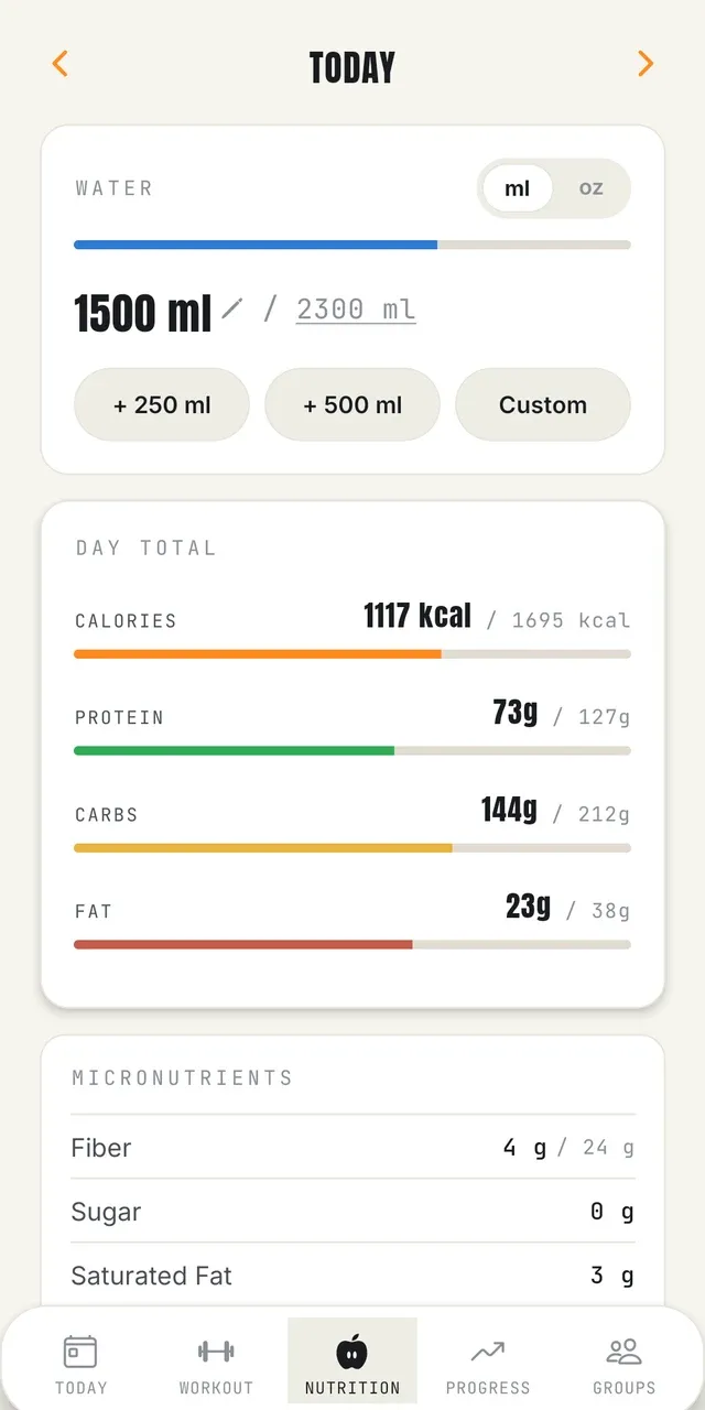 The nutrition tab: the day's calories, macros and micronutrients from logged meals