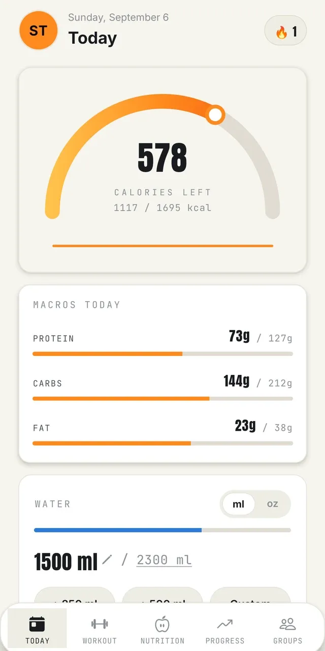 The Erasthetic dashboard: calories left for the day, macro progress and water intake