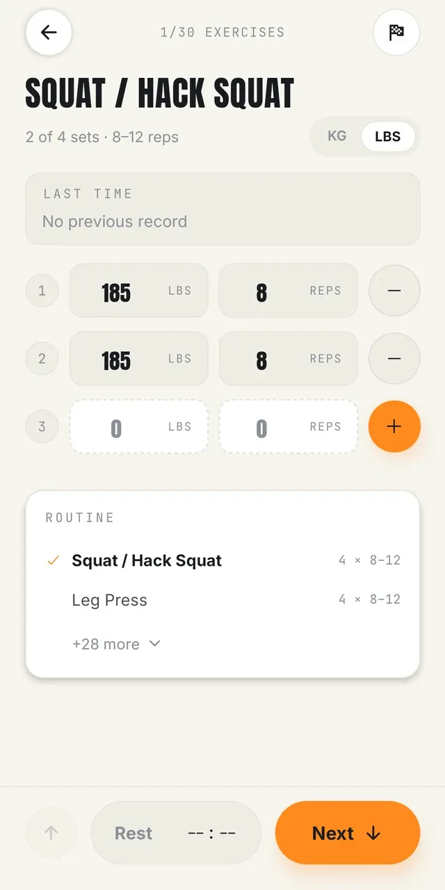 A workout in progress: logged sets for the current exercise and the rest of the routine below